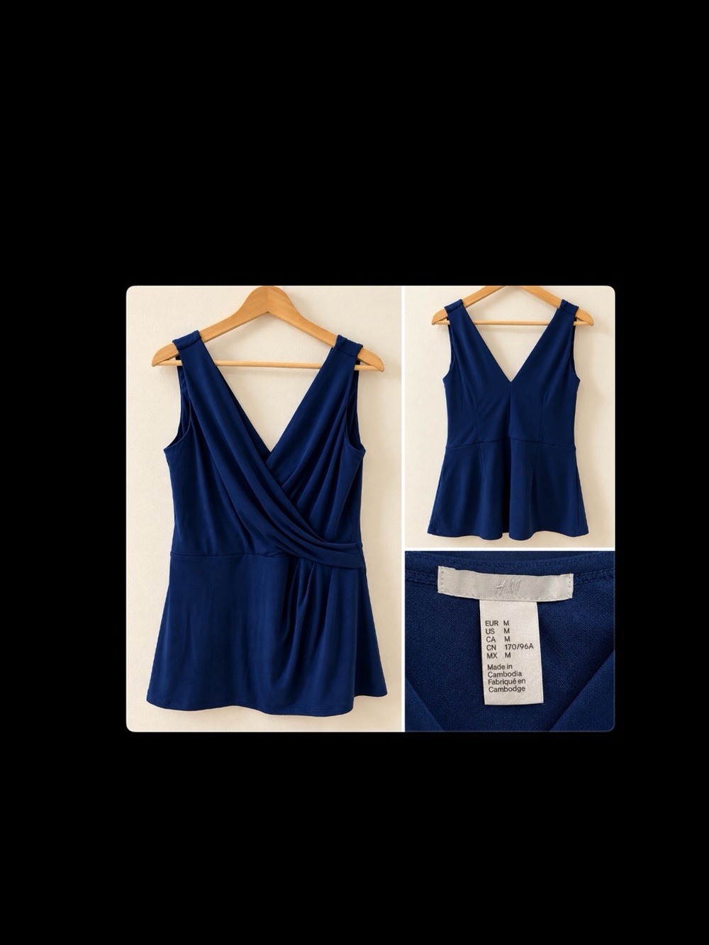 H&M Navy Sleeveless Faux-Wrap Peplum Tank
